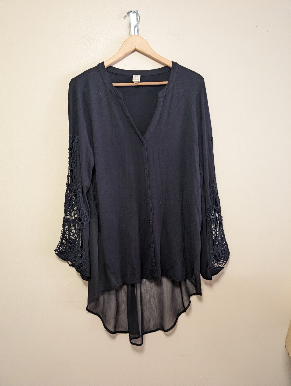 A.Moon Black Lace Sleeve Hi Low Tunic Cardigan Large Boho Romantic